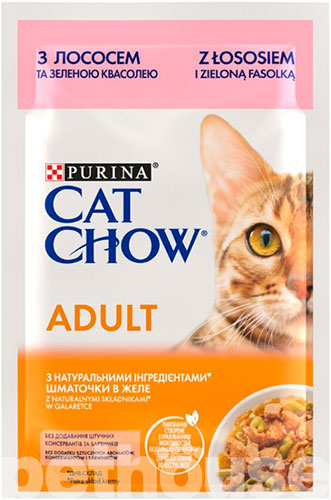 Cat Chow Нежные кусочки с лососем и зеленой фасолью в желе для кошек